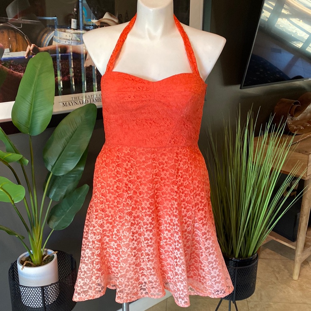 Betsey Johnson Peach Ombré High Low Lace Halter Dress